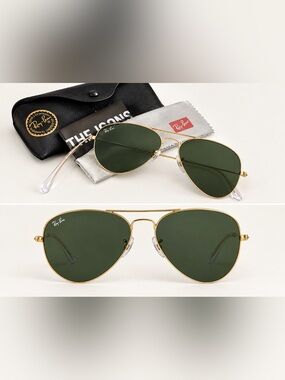 Unisex Ray-Ban Gold Aviator Sunglasses with Green Lenses Brand New!!